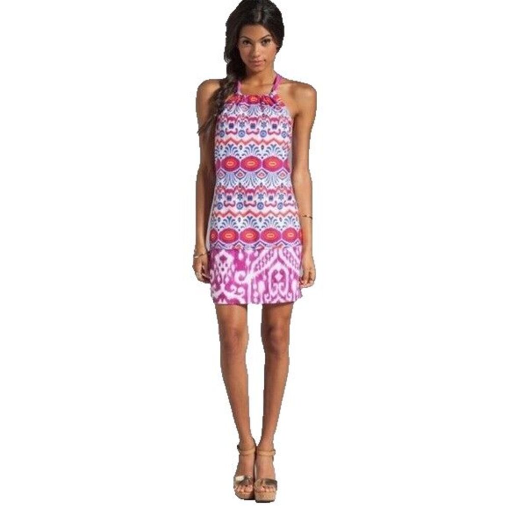 Trina Turk Blue Pink Orange Menara Ikat Genevieve Halter Dress Size 2 - Picture 2 of 15